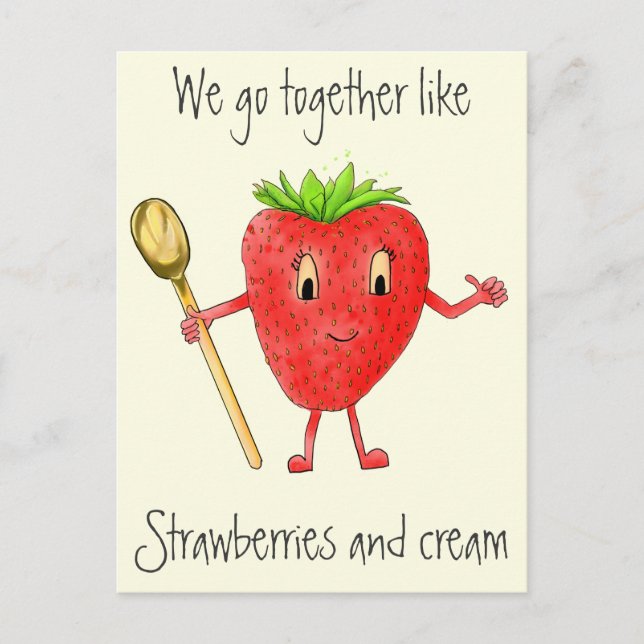 Funny Strawberry & Cream Quirky Cartoon Love Art Postcard (Front)