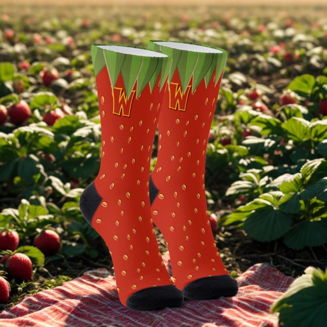Funny Strawberry Fruit Red Monogrammed Socks (A fun pair of summer socks perfect if you love strawberries. Add your initial!)