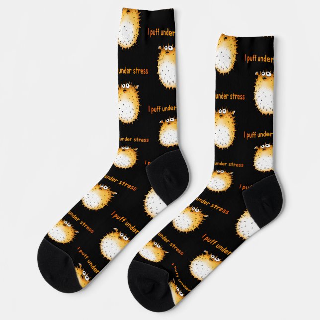 Funny Stressed Pufferfish Cartoon Socks (Left)