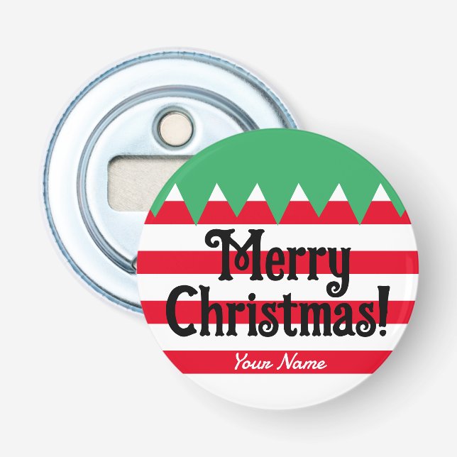 Funny striped Christmas elf suit personalized Bottle Opener (Front)