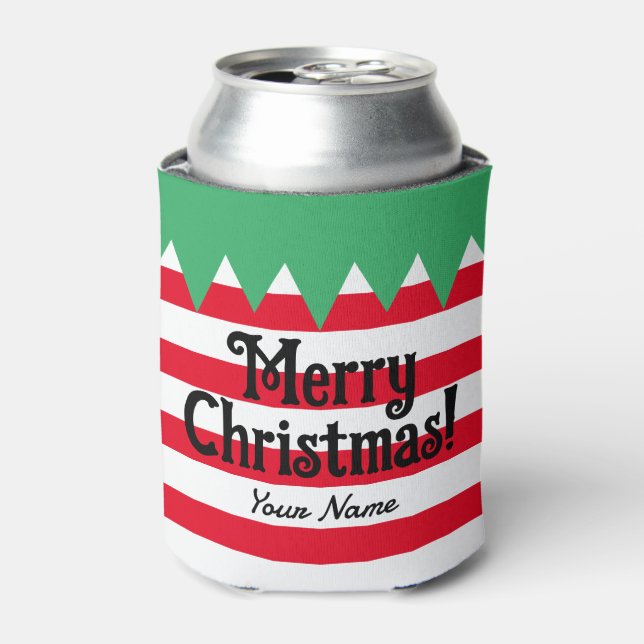 Funny striped Christmas elf suit personalized Can Cooler (Can Front)
