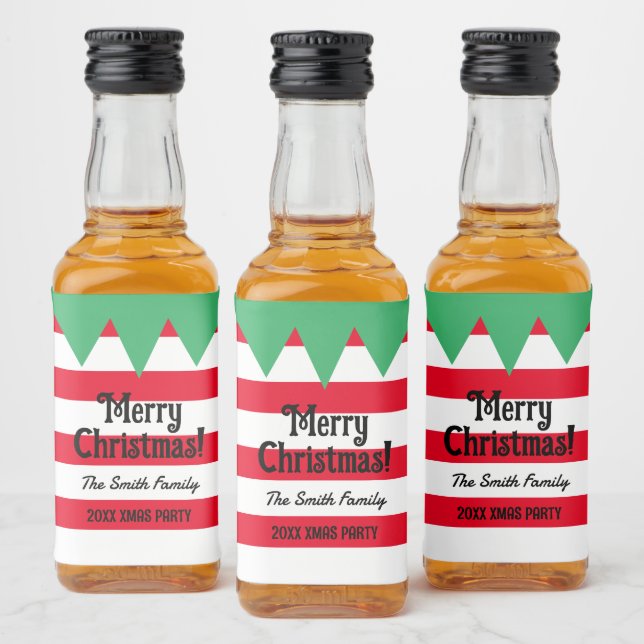 Funny striped Christmas elf suit personalized Liquor Bottle Label (Bottles)