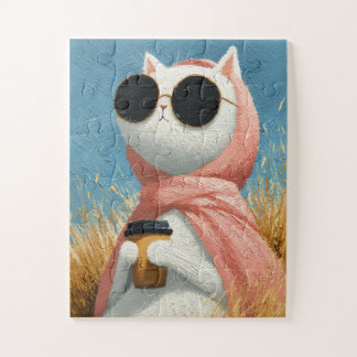 funny Stylish Cat with Sunglasses and Pink Jigsaw Puzzle