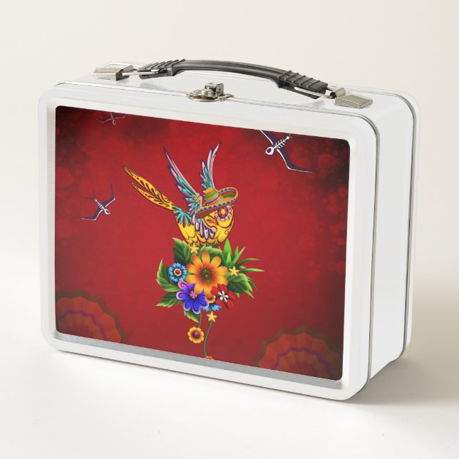 Funny sugar skull bird metal lunch box (Front)