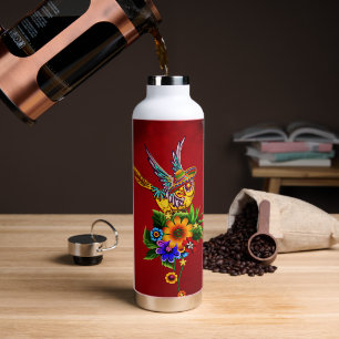 Funny sugar skull bird water bottle