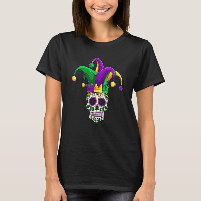 Funny Sugar Skull Jester Mardi Gras Party Men Wome T-Shirt (Front)