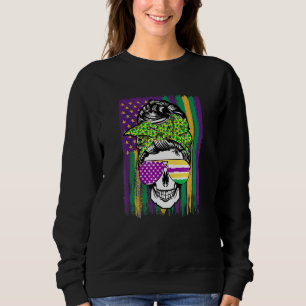 Funny Sugar Skull Messy Bun Mardi Gras Party Appar Sweatshirt