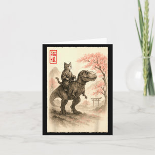 Funny Sumi-e Kawaii Cat Riding Dinosaur Japanese A Card