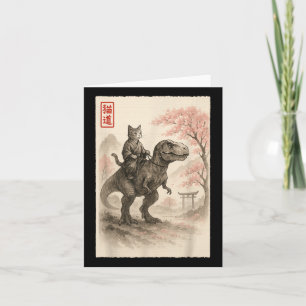 Funny Sumi-e Kawaii Cat Riding Dinosaur Japanese A Card