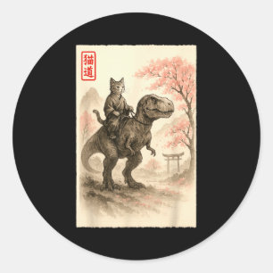 Funny Sumi-e Kawaii Cat Riding Dinosaur Japanese A Classic Round Sticker
