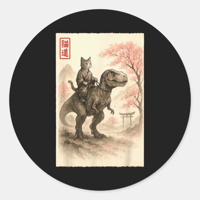 Funny Sumi-e Kawaii Cat Riding Dinosaur Japanese A Classic Round Sticker (Front)
