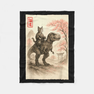 Funny Sumi-e Kawaii Cat Riding Dinosaur Japanese A Fleece Blanket