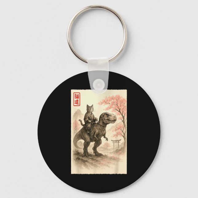 Funny Sumi-e Kawaii Cat Riding Dinosaur Japanese A Keychain (Front)