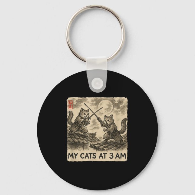 Funny Sumi-e Kawaii Ink Painting Japanese My Cats  Keychain (Front)