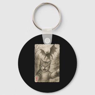 Funny Sumi-e Kawaii Surprised Scared Cat Selfie Wi Keychain