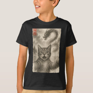Funny Sumi-e Kawaii Surprised Scared Cat Selfie Wi T-Shirt
