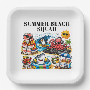 Funny Summer Beach Party Animals - DJ Octopus & Su Paper Plate