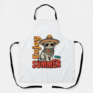 Funny Summer Cat Sombrero Vintage Engraving Design Apron