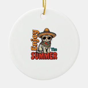 Funny Summer Cat Sombrero Vintage Engraving Design Ceramic Ornament