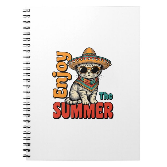 Funny Summer Cat Sombrero Vintage Engraving Design Notebook (Front)