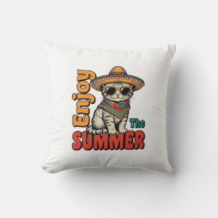 Funny Summer Cat Sombrero Vintage Engraving Design Throw Pillow