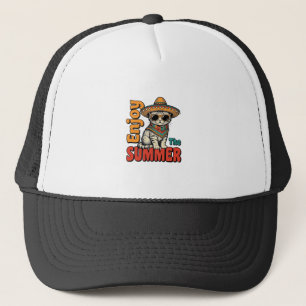 Funny Summer Cat Sombrero Vintage Engraving Design Trucker Hat