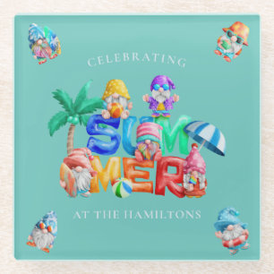 Funny Summer Gnomes Watercolor Glass Coaster