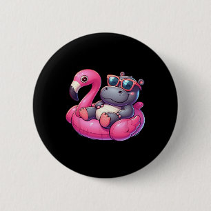 Funny Summer Hippo Pink Pool Party Hawaiian Summer 2 Inch Round Button