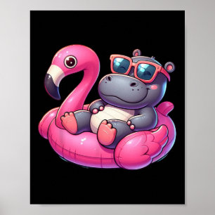 Funny Summer Hippo Pink Pool Party Hawaiian Summer Poster