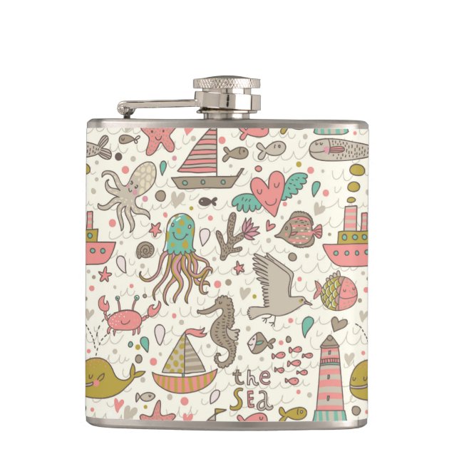 Funny Summer Pattern With Ships Hip Flask (Front)