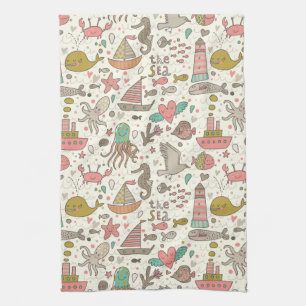 Funny Summer Pattern With Ships Kitchen Towel