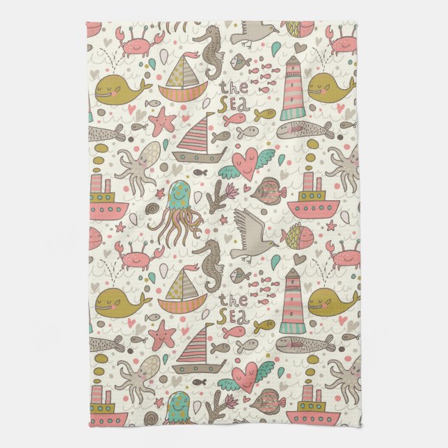 Funny Summer Pattern With Ships Kitchen Towel (Vertical)
