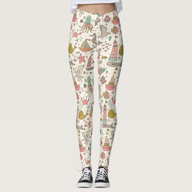 Funny Summer Pattern With Ships Leggings (Front)