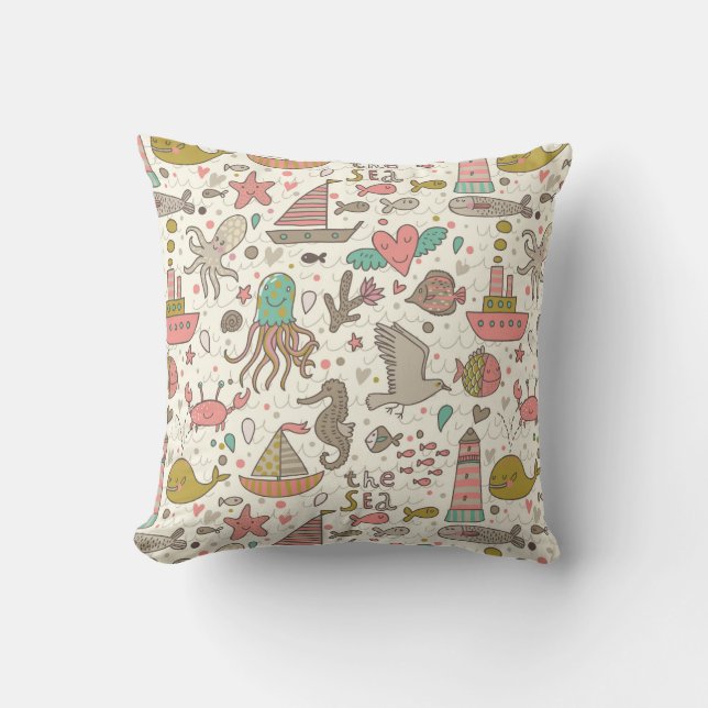 Funny Summer Pattern With Ships Throw Pillow (Front)