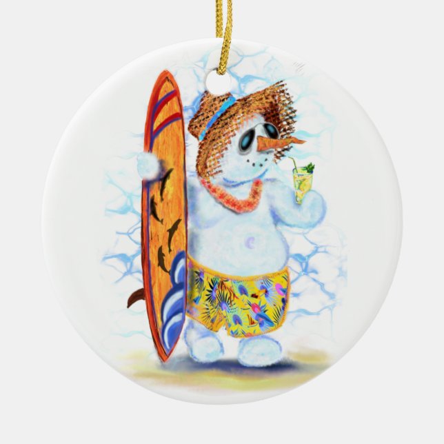 Funny Summer Snowman Surfer Drinks Fresh Cocktail  Ceramic Ornament (Front)