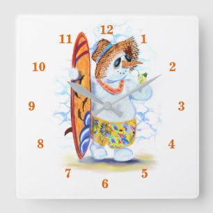 Funny Summer Snowman Surfer Drinks Fresh Cocktail Square Wall Clock