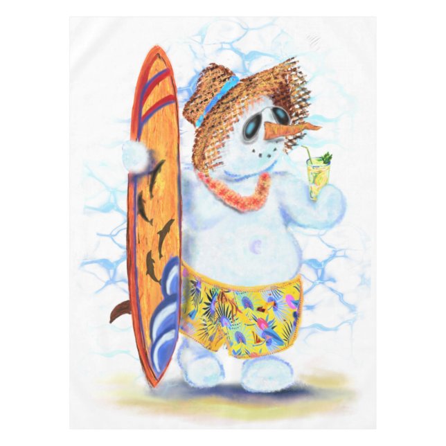 Funny Summer Snowman Surfer Drinks Fresh Cocktail  Tablecloth (Front)