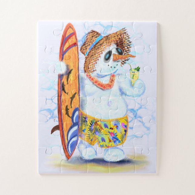Funny Summer Snowman Surfer Drinks Fresh - Fun Jigsaw Puzzle (Vertical)