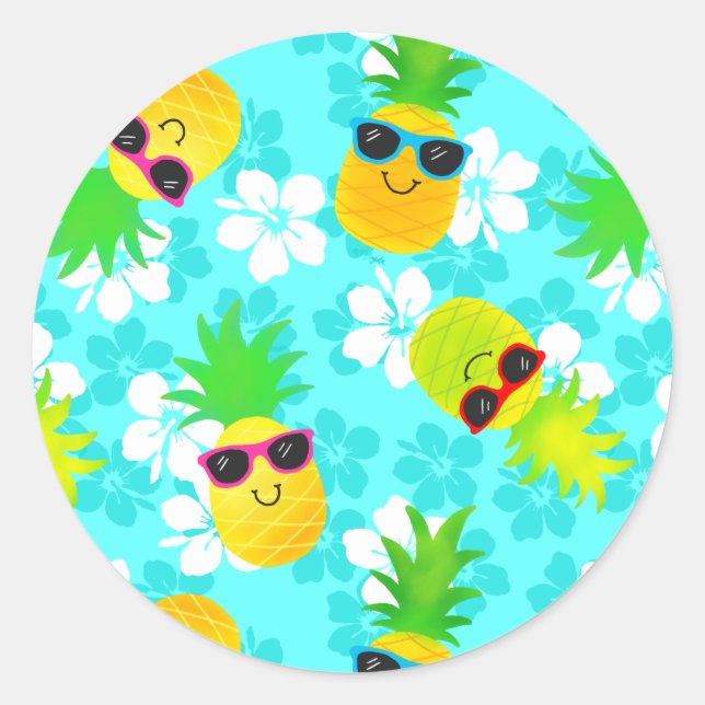 Funny Summer Tropical Pineapples Classic Round Sticker (Front)