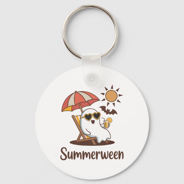 Funny Summerween Cute Spooky Summer Ghost Hallowee Keychain (Front)