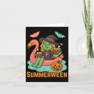 Funny Summerween Cute Witch Floating In Flamingo G Card