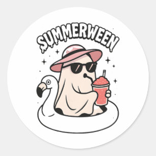 Funny Summerween Ghost Pink Floating In Flamingo C Classic Round Sticker