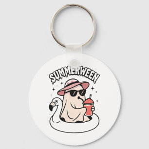 Funny Summerween Ghost Pink Floating In Flamingo C Keychain