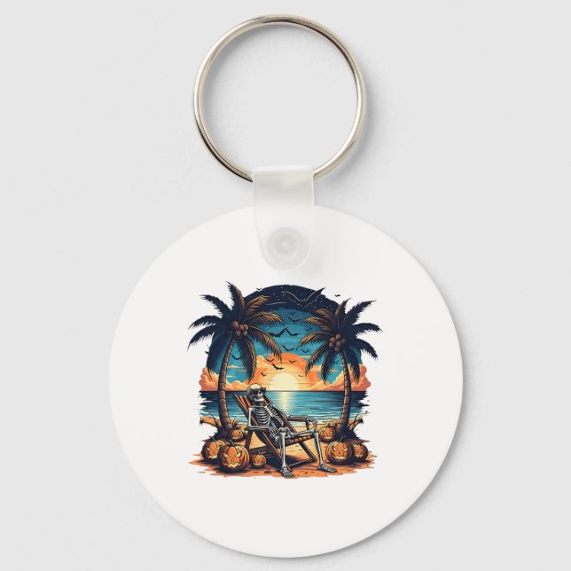 Funny Summerween Skeleton Beach Party Halloween Vi Keychain (Front)