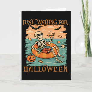 Funny Summerween Skeleton Floating In Flamingo Cut Card