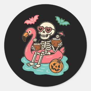 Funny Summerween Skeleton Floating In Flamingo Cut Classic Round Sticker