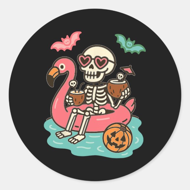Funny Summerween Skeleton Floating In Flamingo Cut Classic Round Sticker (Front)