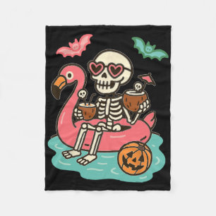 Funny Summerween Skeleton Floating In Flamingo Cut Fleece Blanket