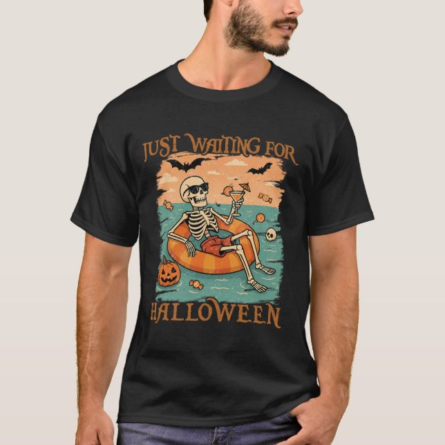 Funny Summerween Skeleton Floating In Flamingo Cut T-Shirt (Front)