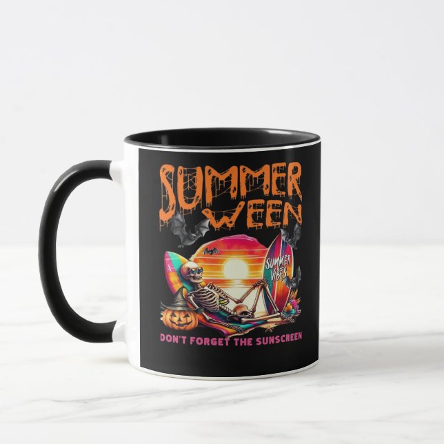 Funny Summerween Skeleton On Beach At Sunset Class Mug (Left)